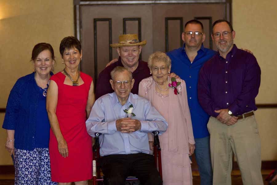 Friends and family gathered at Southfork for Jim and Ruth Perry's 75th wedding anniversary celebration. From left are children Nonie Jobe, Libby Schovajsa, Jimmy Perry, Jeff Perry and Gary Perry.
