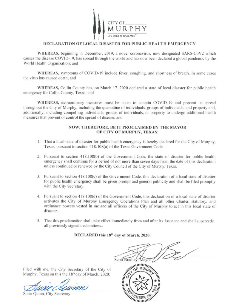 Declaration of Local Disaster issued by city | Murphy Monitor